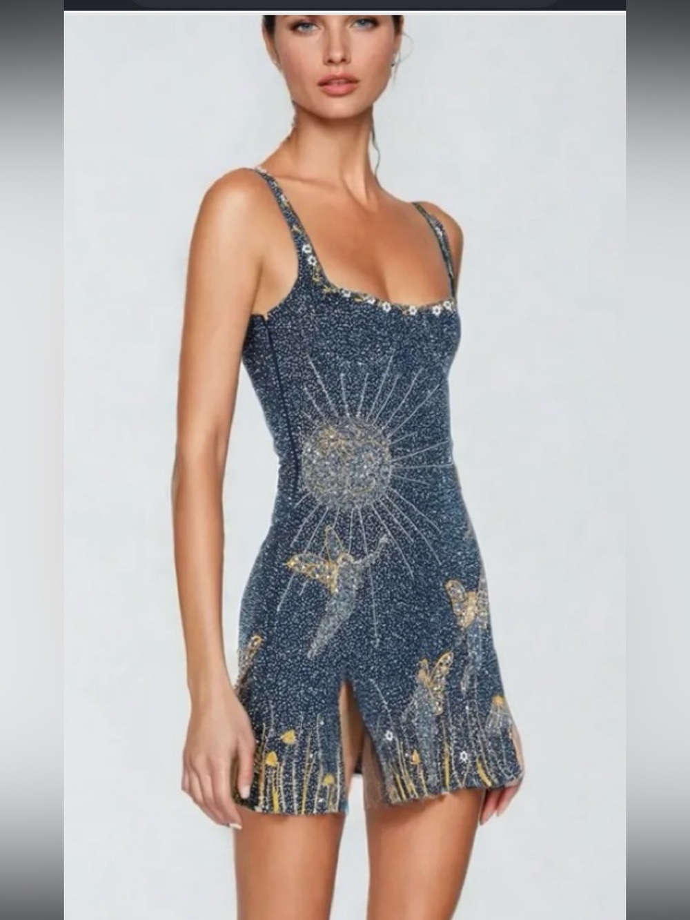 Sparkling Navy Beaded Sunburst Mini Dress